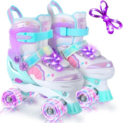 BELEEV Pattini a Rotelle per Bambini, Pattini Roller Ajustabili con 8 Ruote LED Luminose e Lacci per Principianti Ragazzi Ragazze, Sicuri Divertenti, Regalo di Compleanno e Natale - Purple M