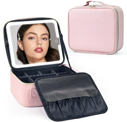 WITFAMILY Make up Tasche mit Spiegel，Travel Makeup Bag mit 1/10x Spiegel und 3 Farbe Licht，Make up Organizer Tasche mit Aufbewahrung von Make-up-Pinseln, Makeup Organizers für Frauen(Rosa Leder)