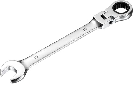 sourcing map Flex-Head Ratcheting Combination Wrench 15mm 72-Teeth Metric Standard Ratchet Box and Open End CR-V Steel Double Ended Wrench for Fasteners Nuts Bolts