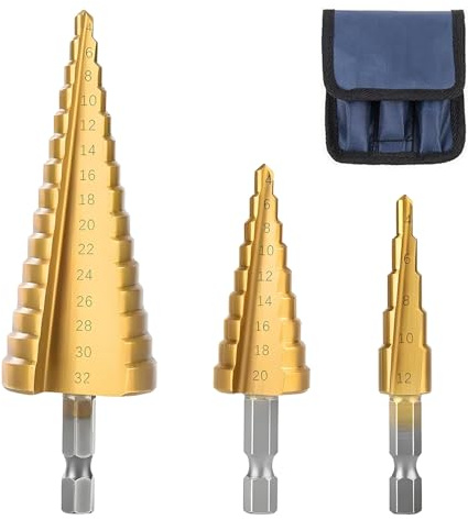 xiluuyou HSS Stufenbohrer Set, 3-teilig, Titanbeschichtet Schälbohrersatz, Exact Spiralnut Kegelbohrer für Metall, Holz, Kunststoff, 4-12/4-20/4-32mm | 4-12/4-20/4-32mm Kegelbohrer für Metall Holz Kunststoff Schälbohrersatz Werkzeug