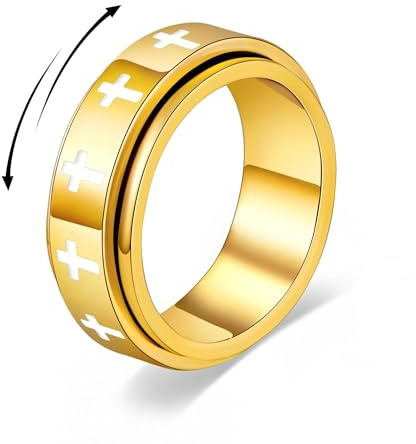KYROVIA Fidget Anxiety Rings for Women 14K Gold Silver Plated Spinner Band Ring 8mm Thick Stainless Steel Statement Rings Jewelry Gifts Size 6-10 (Gold-Cross-8)