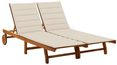 SooIarix 2-Person Patio Sun Lounger with Cushions, Solid Acacia Wood Outdoor Chaise Lounge Chair with Adjustable Backrest and Wheels for Garden, Pool, Balcony
