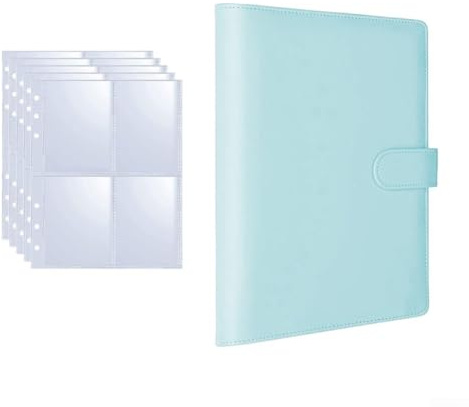 PureBowlic stor kapacitet PU kort album organiserare för 25 fyra rutnät lösa blad, snygg visitkortshållare, för foton och samlarföremål, förvaringspärm 23,3 x 18 cm (blå)