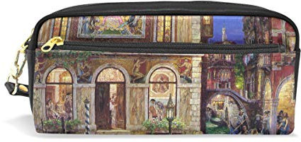 Eslifey Venedig City Landscape Ölgemälde Tragbare Tasche PU Leder Schulstifteetui Stifteetui für Kinder Wasserdicht Kosmetik Tasche Make-up Beauty Case