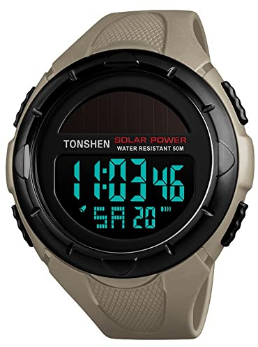 TONSHEN Digital Solar Reloj de Hombre Mujer LED Electrónica Alarma Cronómetro Impermeable 50M Resistente al Agua Outdoor Militar Multifuncional Plastico Deportivo Relojes de Pulsera (Amarillo)