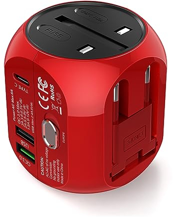 Milool Adattatore Universale da Viaggio con QC3.0 Quick Charge 2 Porte USB 3.0 e 1 Interfaccia Type-C US/EU/UK/AU in One Caricatore Multifunzioni per Oltre 180 Paesi, 2 Fuse (Spare Fuse) -Rosso