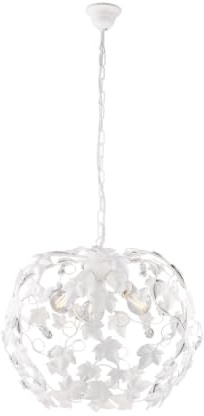 Lampadario Shabby 3 Luci Ferro Battuto Bianco Con Foglie E Cristalli