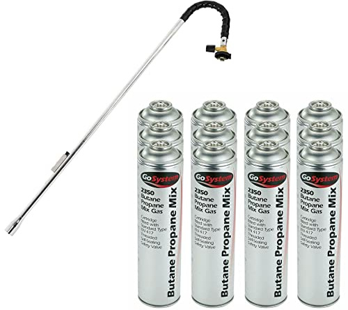 GoSystem Garden Weed Wand Gas Weed Killer Burner Blaster Burning Torch and Gas Canisters Refill for Camping Stove Blowtorch BBQ (12 x Go Can 350g+Weed Wand)