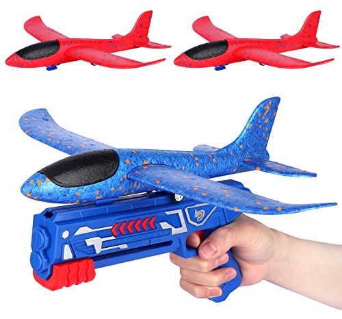 Flugzeug Spielzeug, Wurfgleiter Styroporflieger Katapult Pistole Kinderspielzeug, Kinder Outdoor Garten Interaktives Spiele Kindergeburtstag Geschenke Jungen Mädchen für ab 3 4 5 6 7 8 9 10 Jahre