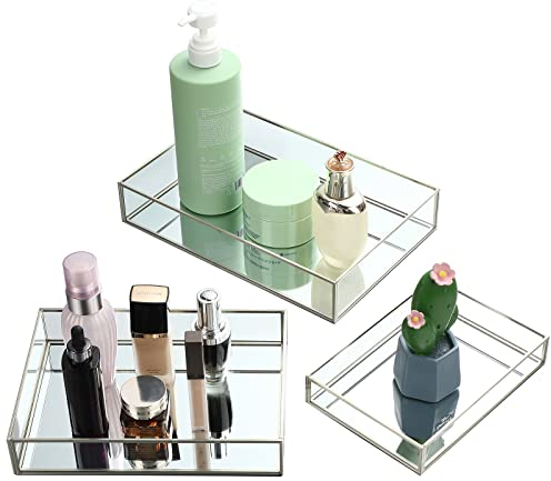 Jetec Spiegeltablett aus Metall, rechteckig, achteckig, für Parfüm, Make-up, Kosmetik, Kommode, Tablett für Kommode, Schlafzimmer, Badezimmer, Hotel, 3 Größen (Silber), 3 Stück