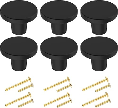 BIGLUFU 6 Pcs Brass Drawer Knobs, 1.18/30mm Round Kitchen Cabinet Knobs, Furniture Door Handles Cupboard Pulls with Screws, Brushed Finish (Black)