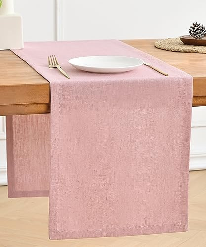 Wracra Chemin de Table en Lin Lavable Style Ferme Rustique | Rose Gomme Balloune, 180 cm, lavable en machine, idéal pour fêtes, vacances, usage quotidien et décoration de la maison