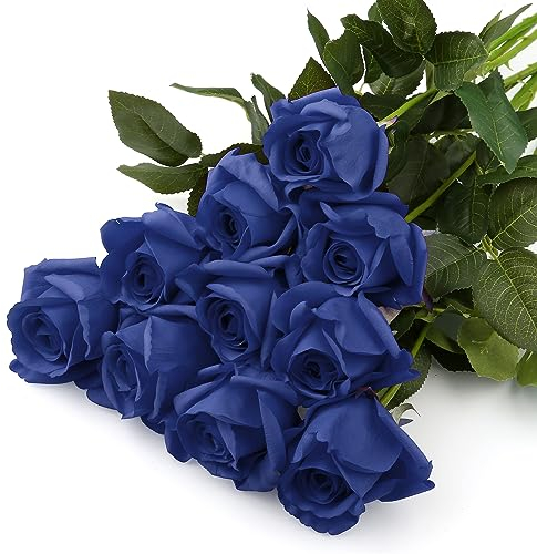 Tuocal 10 Köpfe Künstliche Rosen Blumen, Einzelne Stiel Feuchtigkeitsspendendes Künstliche Rosen Blossom Rosen Realistische Blume Braut Hochzeitsstrauß für Hausgarten Party Hotel Büro Dekor, Blau