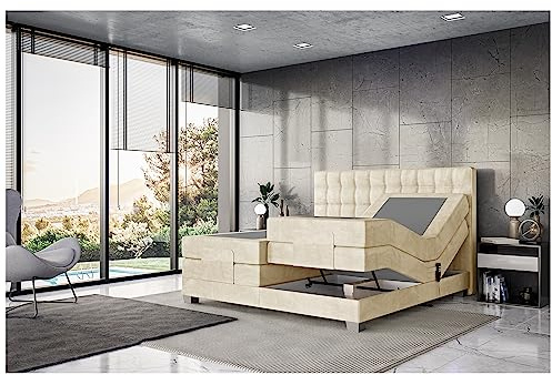 MEBLINI Boxspringbett Elektrisch Verstellbar - Gepolstert Doppelbett mit Matratzen und Toppers - Polsterbett - Bett mit Kopfteil - Edison - 140x200 - H3/Beige Samt