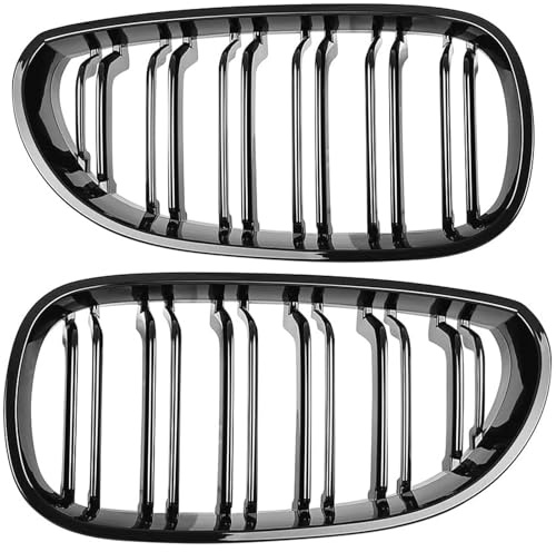 Gloss Black Front Kidney Grilles for BMW 5 Series E60 E61 2003-2010 | Dual Slat Twin Fin Sport Bumper Grill; OE 51712155446; Fits M5 Touring Saloon