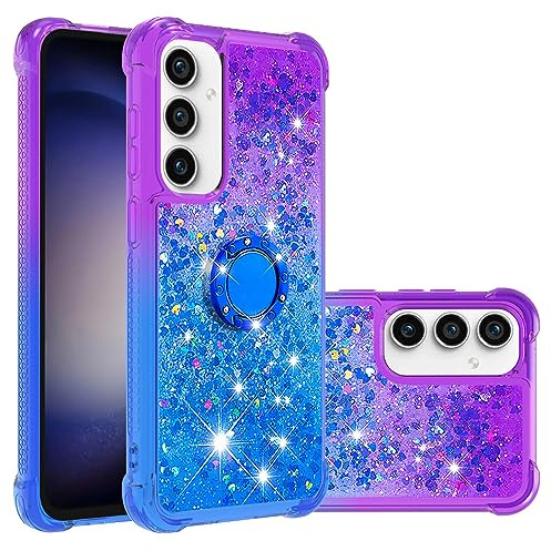 Reevermap Samsung Galaxy S23 FE Phone Case with Ring Holder Kickstand, Clear Glitter Liquid Floating Silicone Case Sparkle 360 Degree Rotating Ring Grip Case Cover for Girls Women, Purple & Blue