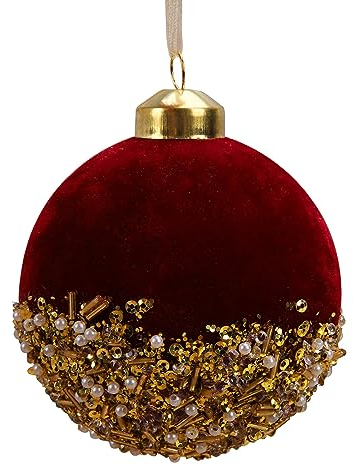 Rote Weihnachtskugeln, 7,6 Cm Große Rote Samt-Weihnachtsbaum-Hängekugeln mit Goldenen Pailletten und Perlen, Bruchsichere Glitzer-Pailletten-Schaumstoffkugeln für Weihnachten, Hochzeit,(Weinrot)