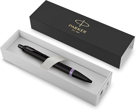 PARKER IM Vibrant Rings Premium-Kugelschreiber aus Metall | Mattschwarzer Satinlack mit Amethyst-Lila-Ring | Schwarze Tinte | In Geschenkbox