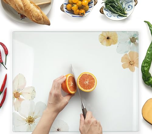 Kitchenville Planche à Découper 50×40 cm en Verre Trempé – Plaque en Verre pour Cuisine, Durable, Résistante aux Rayures et à la Chaleur – Protection de Plan de Travail – Motif Floral