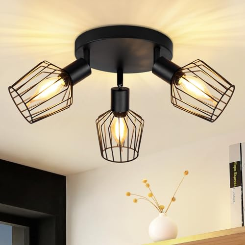 Lichtmaler Deckenstrahler Schwarz Deckenlampe 3 Flammig Deckenleuchte Rund | Industrie Metall E14 Deckenspot Vintage Schwenbar Spotlight für Flur Küche Schlafzimmer(ohne Leuchtmittel)