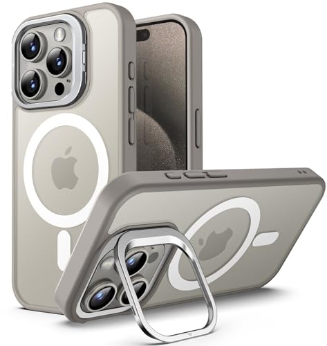 JETech Magnetic Kickstand Case for iPhone 15 Pro Max, Natural Titanium | Compatible with MagSafe, Adjustable Camera Stand, Translucent Matte Back, Slim Shockproof Protection