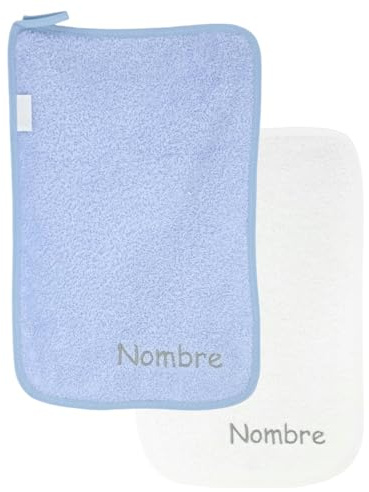 Mababyshop - Toallas Guarderia Personalizadas con Colgador, Toallas Mano, Culito y Cara bebé, Toalla pequeña Infantil - Rizo algodón Pack 2X-Mini Toallas bebé - (Azul+Blanca)
