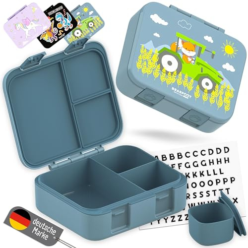 BEARFOOT Bento Box COMPACT | NY modell – förstärkta låsar! | BPA-fri lunchlåda för barn | läckagesäker matlåda för skola och dagis (traktor-blå, 1 000 ml)