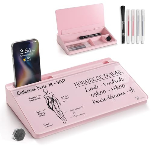 TOWON Small Glass Desktop Whiteboard with Storage – 30 x 17 cm Dry Erase Board for Desk, Home Office, School | Includes 5 Markers, Eraser & Holder | Space-Saving Organizer, Aesthetic Pink Design | Aesthetic dry erase surface, 5 markers, eraser and holder included, for the office, home or school desk