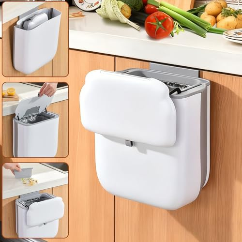 AVAKKER 10L Food Waste Bin with Lid, Hanging Kitchen Bin Over the Cabinet Door, Foldable Slim Kitchen Cupboard Bin for Kitchen RV Office, Space-Saving, Wall-mounted