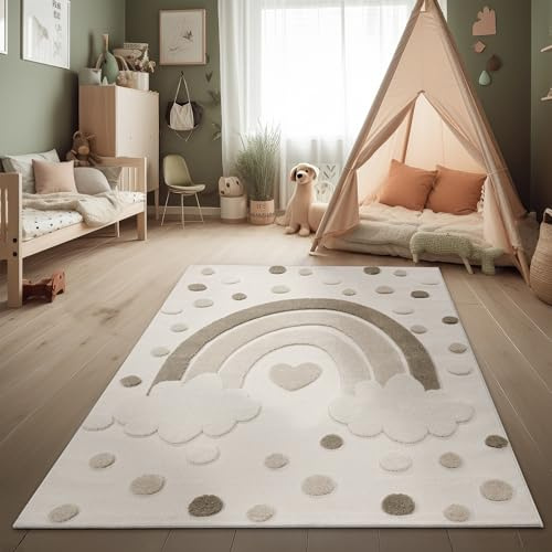Paco Home Kinderteppich Moderner Spielteppich Kinderzimmer 3D-Effekt Naturtöne weicher Flor robust & pflegeleicht Schlingenstruktur Regenbogen-Motiv Creme Sand, Grösse:80x150 cm