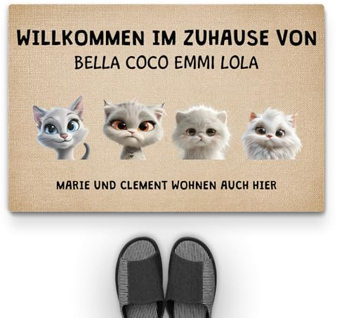Geschenke Mall Personalisierte Fussmatte - Willkommen Bei ... Wohnen Auch Hier - Personalisierte Fußmatte, Fussmatte Mit Namen, Fussmatte Selbst Gestalten, Fussmatte Katzen Personalisiert (4 Katzen)