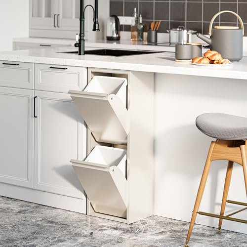 [en.casa] Mülltrennsystem Sollentuna Mülleimer 2 Fächer Küche 2 x 14 L Abfalleimer Müllschrank schmal 93 x 33 x 25 cm Metall Pfefferweiß