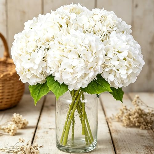 Kisflower 3Pcs Hortensien Künstliche Blumen, Single Stem Realistische Hydrangea Blumen,57CM Real Touch Latex Hortensien Kunstblumen für Hochzeiten Party Büro Home Decor(Weiß)