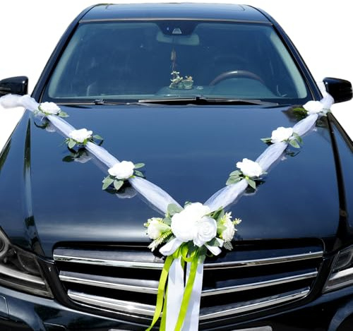 Weiße Hochzeit Autoschmuck Motorhaube, Brautschmuck Auto Girlande, Seidenblumen für Hochzeitsauto, Blumenschmuck Deko für Brautauto, Hochzeit Auto Deko