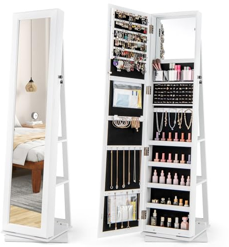 COSTWAY 360° drehbarer Schmuckschrank, Schmuckorganisator mit Ganzkörperspiegel, Rückregalen, Schminkspiegel, 3 Acryl-boxen & 2 Reißverschlusstaschen, Spiegelschrank freistehend (Weiß)