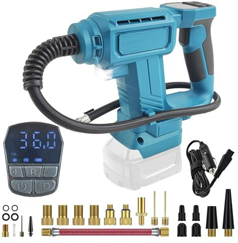 TALOEYH - Akku Kompressor Kompatibel mit Makita 18V Akku, Kabelloser Luftkompressor, 12V Auto Netzadapter, 0-120PSI Handluftpumpe für Motorrad, Fahrrad, Auto, Ball (Multi Zubehör)