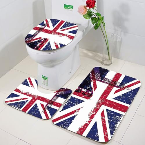 FEHWI Badezimmerteppich 3 Teil Mikrofaser -Saugbad Teppichpolster für Dusche,Badewanne und Toilette,Maschine waschbar,Union Jack, Grunge im Alter von UK Flagge Big Ben