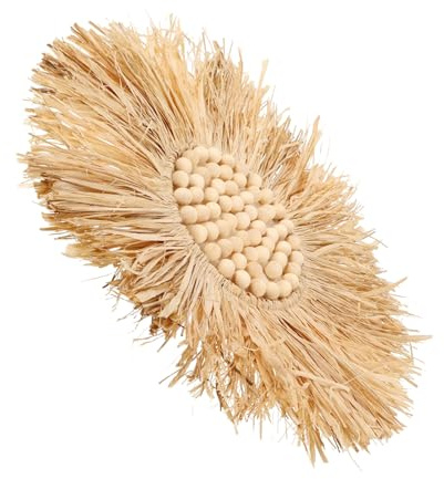 JUMPLAWN Raffia Wanddekoration Mit Holzperlen Gewebter Bast-Wandanhänger Für Wohnzimmer Und Schlafzimmer Nordisches Boho Stil Hängendes Wandornament Aus Raffiabast 17X17 Zoll