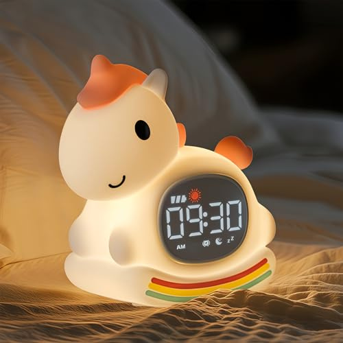 Yiliaw Rosa Pony Kinderwecker mit Nachtlicht – Schlaftrainer & Aufwachuhr, wiederaufladbare Silikonlampe für Schlafzimmer, Perfekter Schlafbegleiter für Jungen & Mädchen