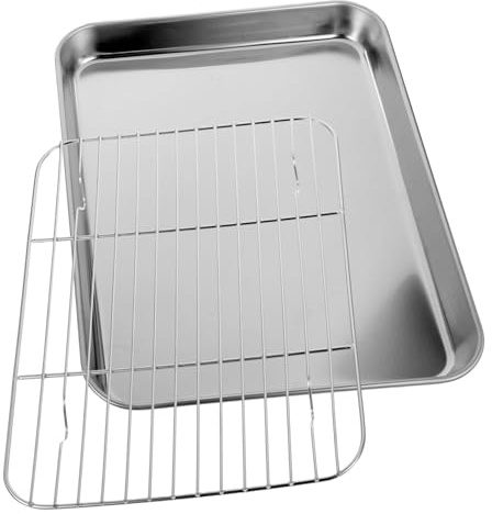 UKCOCO Plaques de Cuisson Rectangulaires 2 Pièces en Acier Inoxydable | Grille Amovible, Argenté, Bords Arrondis Solides, Facile à Nettoyer