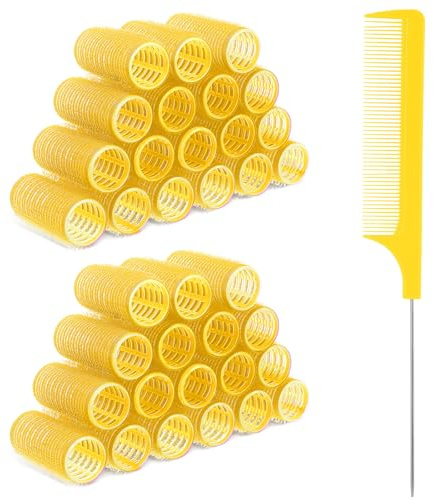 18pcs Self Grip Hair Rollers with Small Comb,Heatless Hair Curler,Plastic Rose Red Small Hair Rollers for Pro Salon Hairdressing and DIY Hairstyles (0.98 X 2.44 Inch)(yellow)