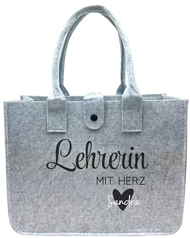 Generisch Lehrerin mit Herz Filztasche: Personaliserte Tasche mit Namen, Geschenke für Lehrer und Lehrerinnen, 32 cm x 25 cm x 15 cm, Grau