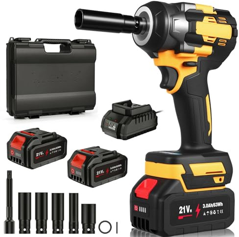 Akku Schlagschrauber 21V, 700Nm Elektrisch Drehschlagschrauber mit LED-Licht, 2x3.0Ah Batterie, 5 Stecknüssen & Verlängerung, Bürstenloser Motor 1/2 Impact Wrench für Radwechsel und Autoreparatur