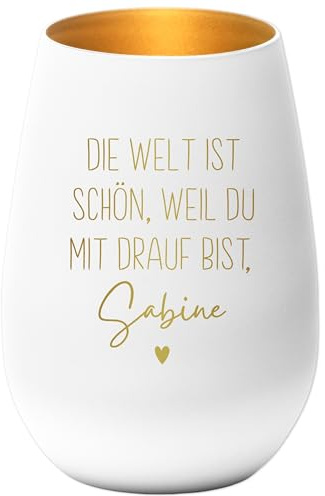Die Welt ist schön Weil du mit Drauf bist Windlicht personalisiert Geschenk Freundin Frau Teelicht Kerzenglas mit Gravur (Weiß)