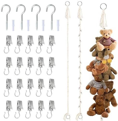 Set med 2 pälsdjursförvaringsväskor med 40 metallklammer och 4 skruvkrokar – 2 m – Bohemian stil – Dekoration för barnrum – För att hänga upp pälsleksaker, etc