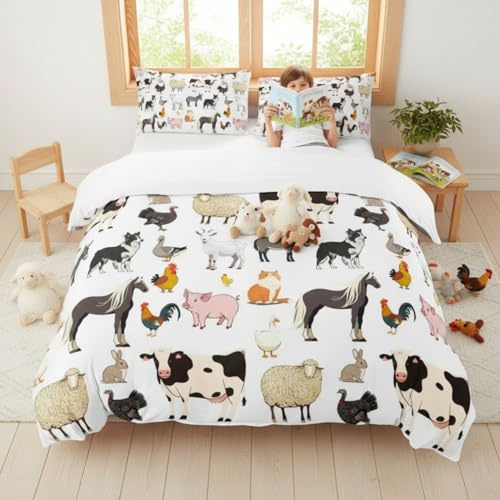 Homewish Farm Animal Junior Duvet Cover for Kids Boys Girls Bedroom Decor - Cartoon Animals Themed Bedding with 1 Pillowcase - Cute Cow Horse Print Quilt Cover Farmhouse White Soft Bed Set