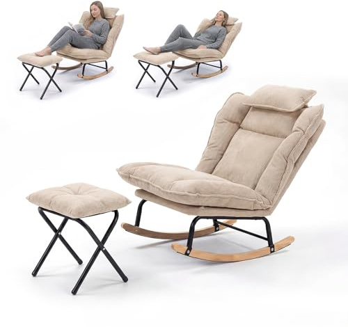 Fabulcozy Schaukelstuhl aus Cordsamt mit Fußstütze, Relaxsessel verstellbar in 3 Positionen, mit abnehmbarem Kissen, Wohnzimmerstuhl für Entspannung