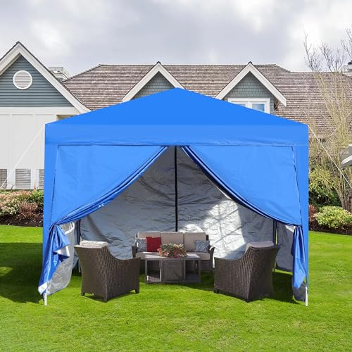 RockRain Pop Up Canopy Tent for Backyard Party: 10x10 Ft 5-Minute Setup - 4 Removable Sidewalls with 2 Windows & 4 Sand Bags - All-Weather Shelter for Family Gatherings & Outdoor Markets