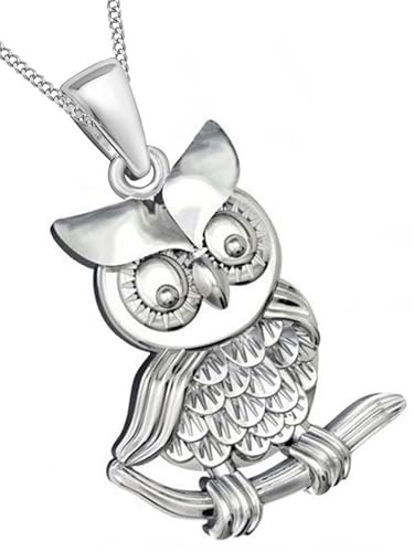 Goldene Hufeisen Eule auf Ast Anhänger mit Kette 925 Echt Silber Halskette