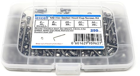 iexcell 250 Pcs M3 x 6/8/10/12/16 Stainless Steel 304 Hex Socket Head Cap Screws Bolts Assortment Kit